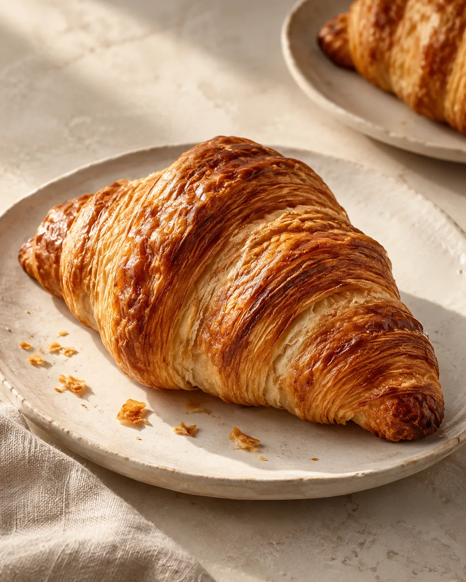 A close look at the crisp golden layers of a croissant