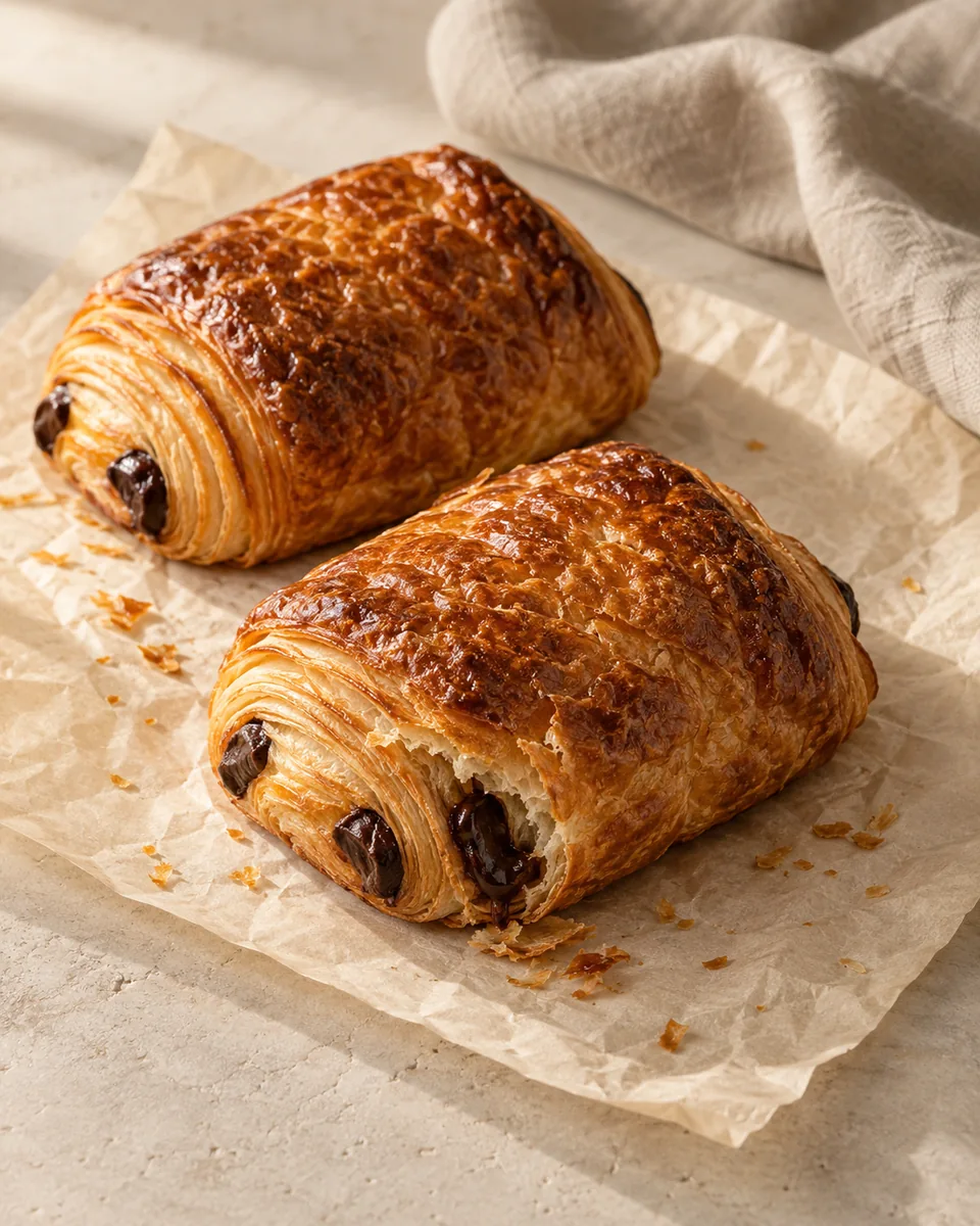 Pain au chocolat with dark chocolate visible between its layers