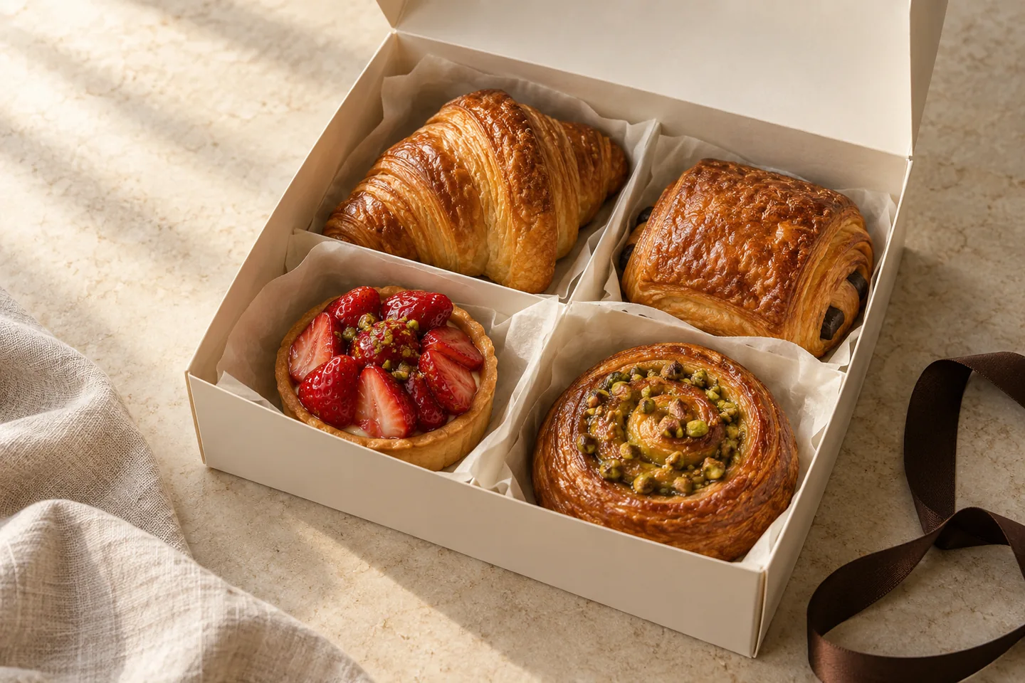 An open ivory pastry box with croissants, a strawberry tart and a pistachio pastry