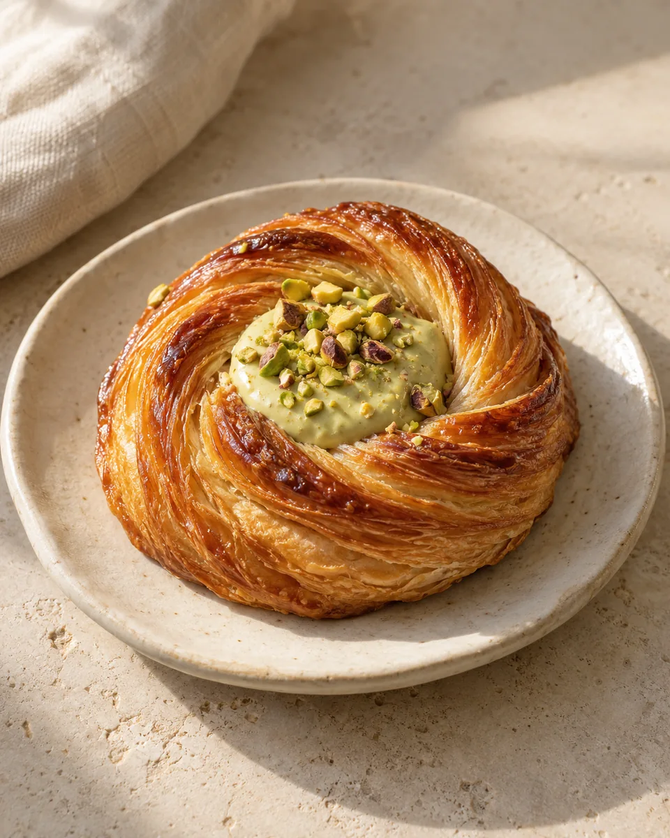 Spiral pastry topped with pistachio cream and chopped pistachios