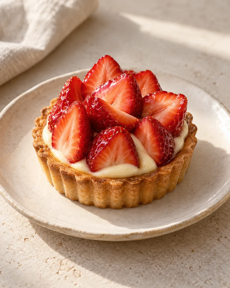 Strawberry tart with vanilla cream on a ceramic plate